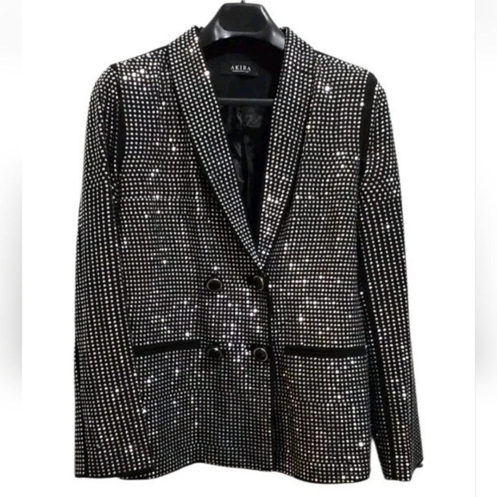 AKIRA Black Dua Shine Bright Embellished Rhinestone Blazer! L - Picture 2 of 6